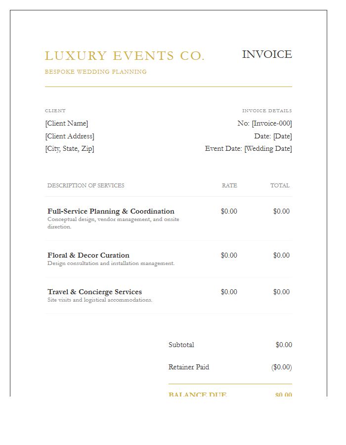 High End Wedding Planner Invoice Template