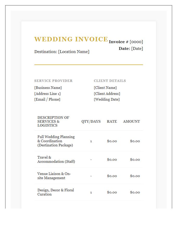 Premium Destination Wedding Invoice Template