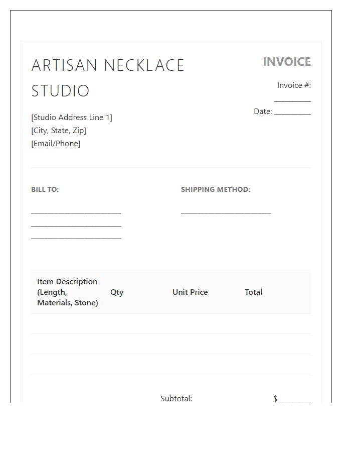 Artisan Necklace Order Invoice Template