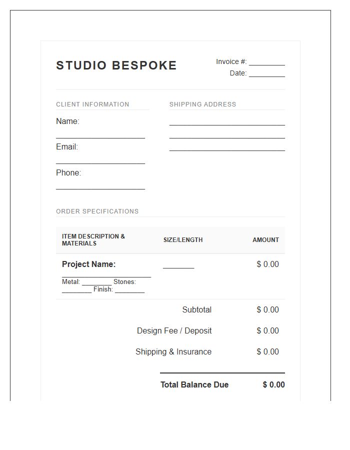 Bespoke Jewelry Order Invoice Template