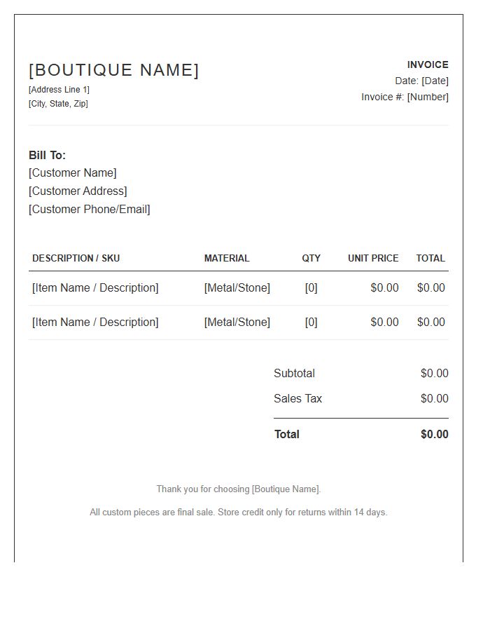 Boutique Jewelry Sales Invoice Template