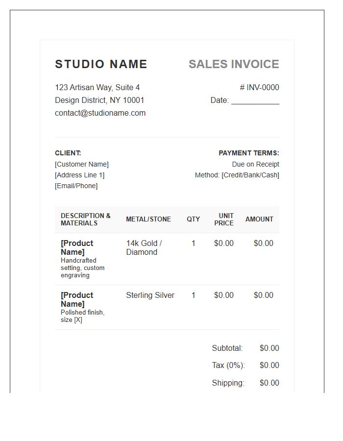 Jewelry Studio Sales Invoice Template