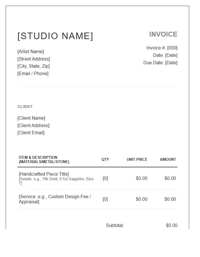 Professional Jewelry Artist Invoice Template