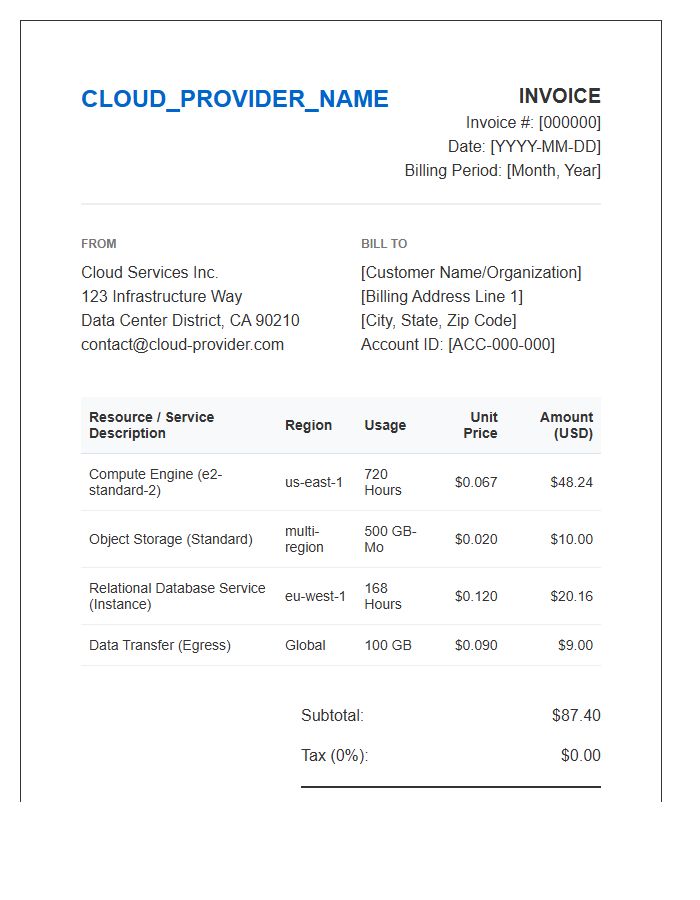 Public Cloud Resource Invoice Template