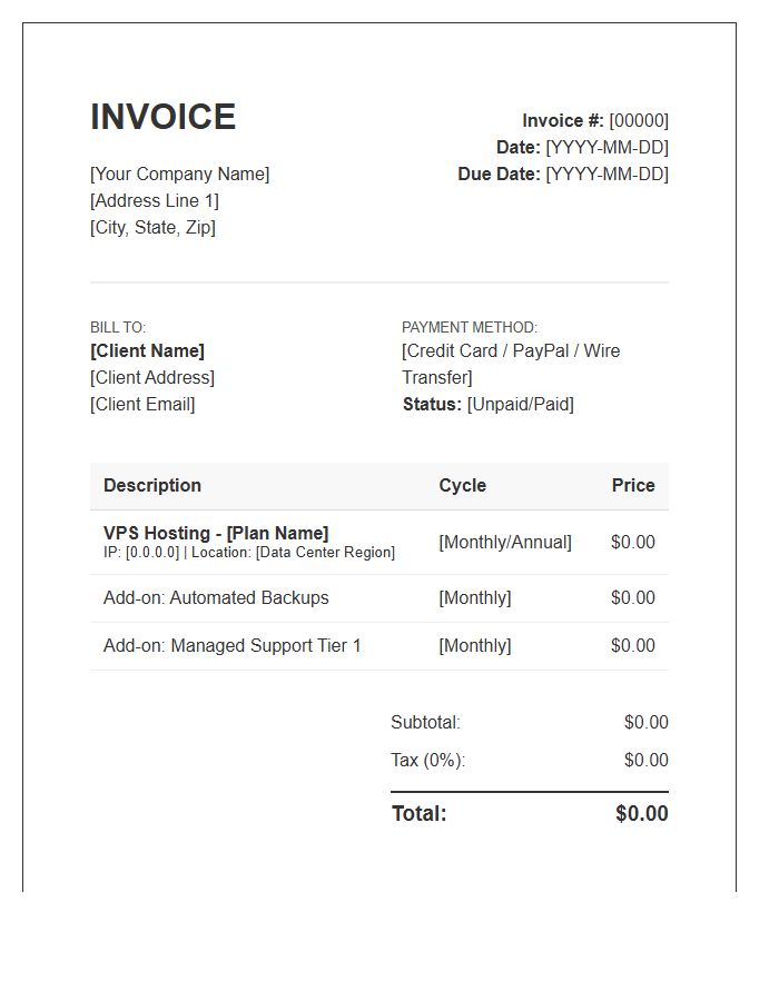 Virtual Private Server Hosting Invoice Template