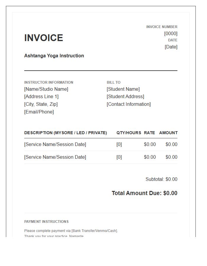 Ashtanga Yoga Instruction Invoice Template