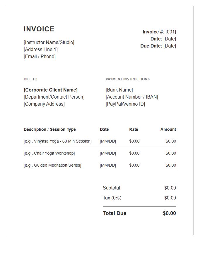 Corporate Yoga Instructor Invoice Template