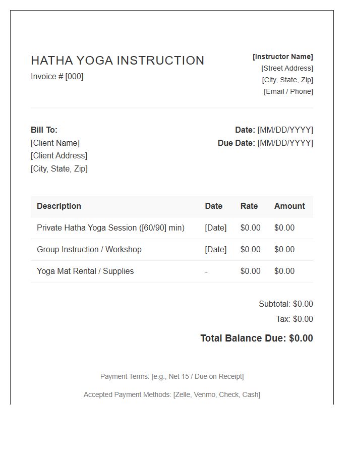 Hatha Yoga Instruction Invoice Template