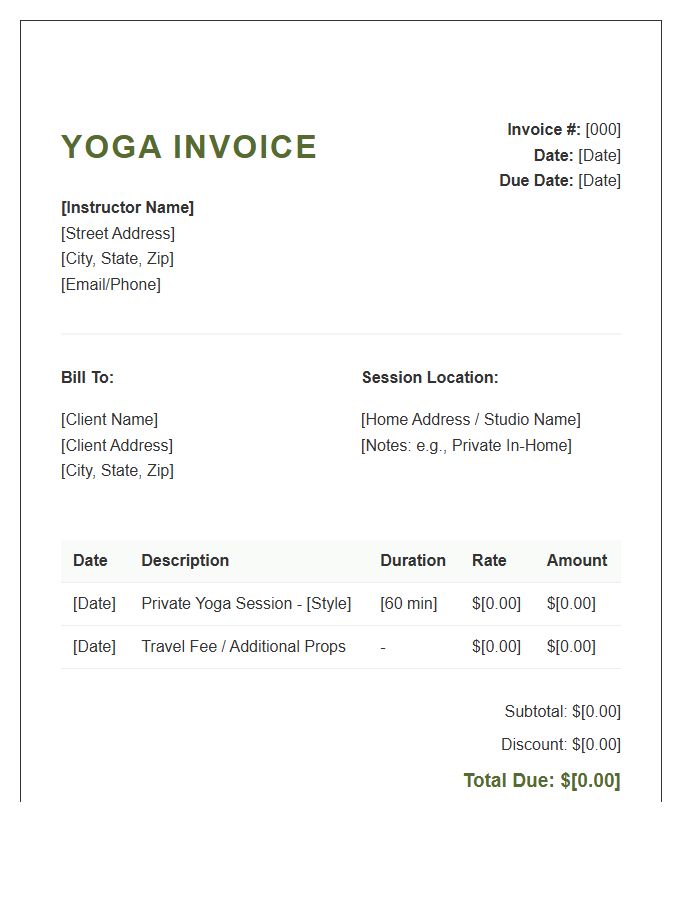 In Home Yoga Session Invoice Template