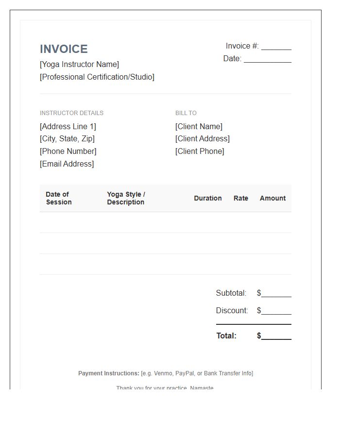 Individual Yoga Session Invoice Template