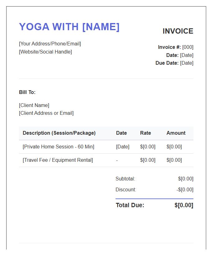 Mobile Yoga Instructor Invoice Template