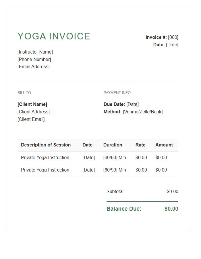 One On One Yoga Instruction Invoice Template