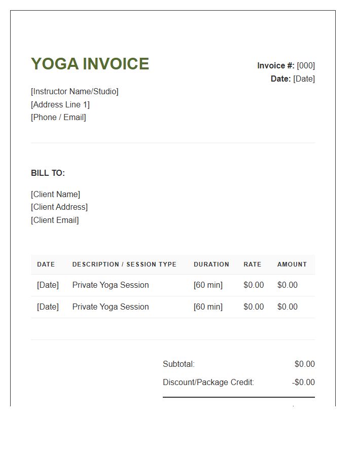 Private Yoga Lesson Billing Invoice Template