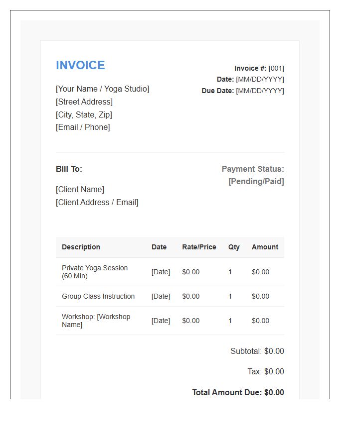 Professional Yoga Teacher Invoice Template