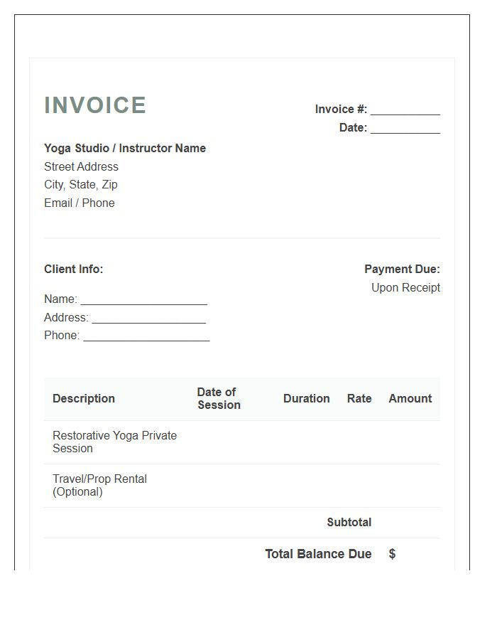 Restorative Yoga Session Invoice Template