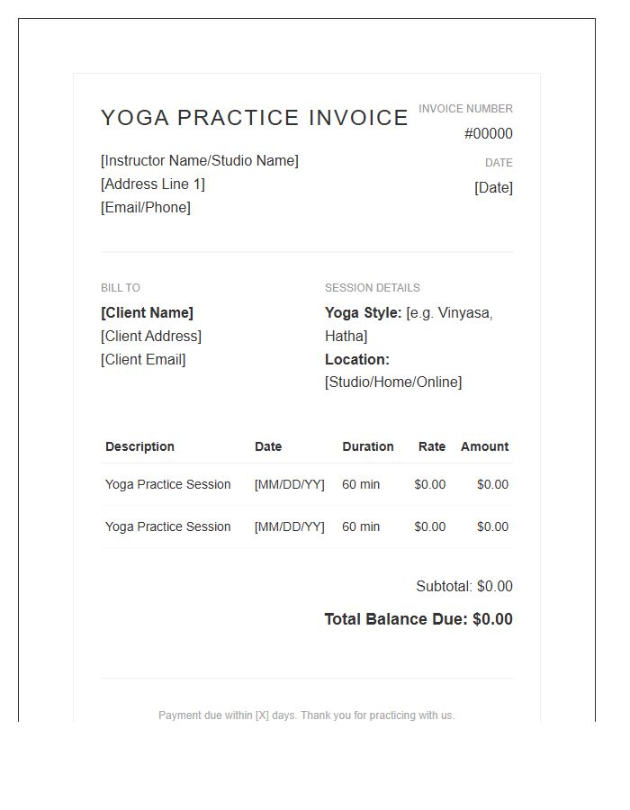 Yoga Practice Session Invoice Template