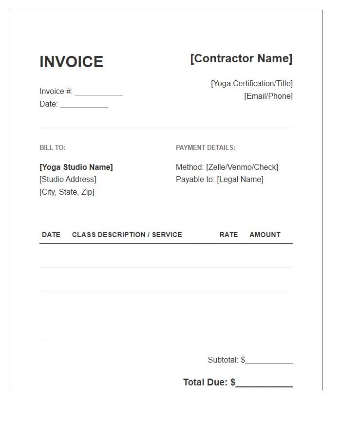 Yoga Studio Contractor Invoice Template