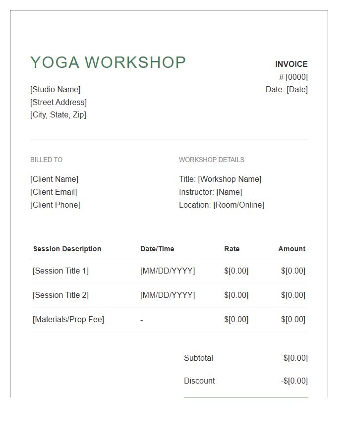 Yoga Workshop Session Invoice Template