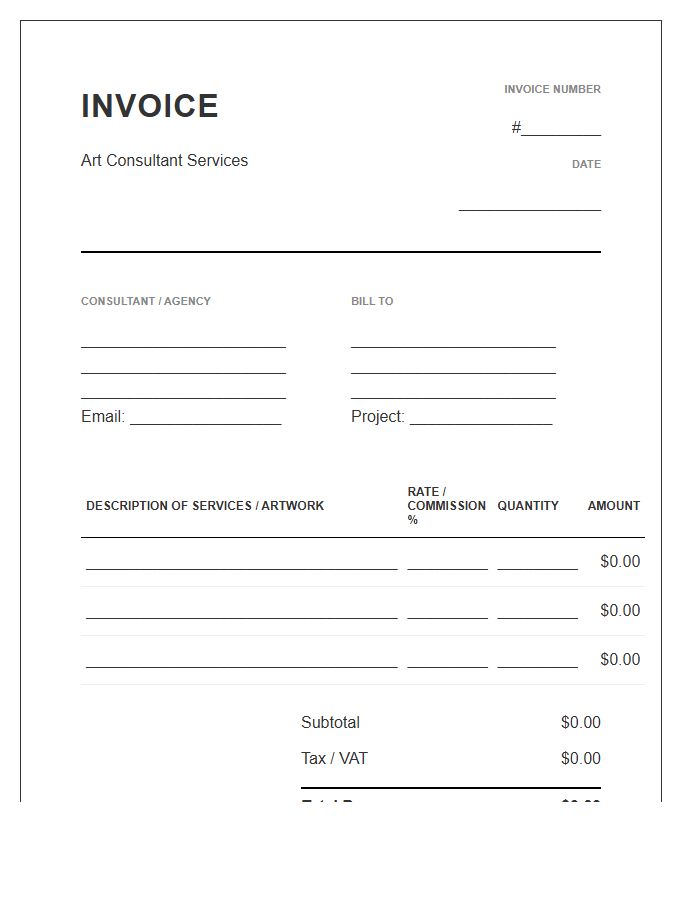 Art Consultant Service Commission Invoice Template