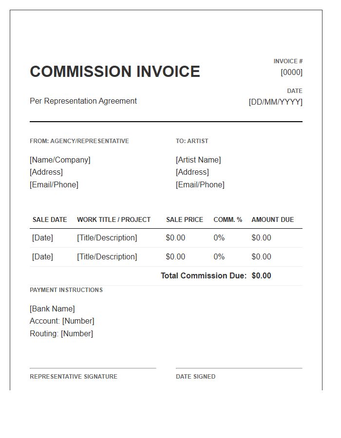 Artist Representation Agreement Commission Invoice Template