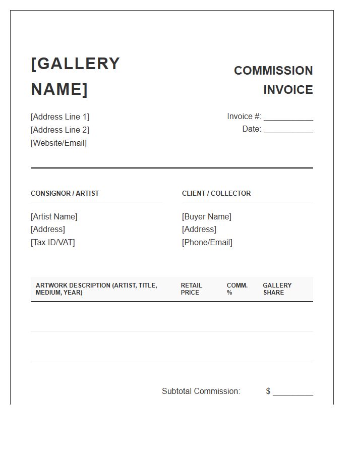 Commercial Art Gallery Commission Invoice Template