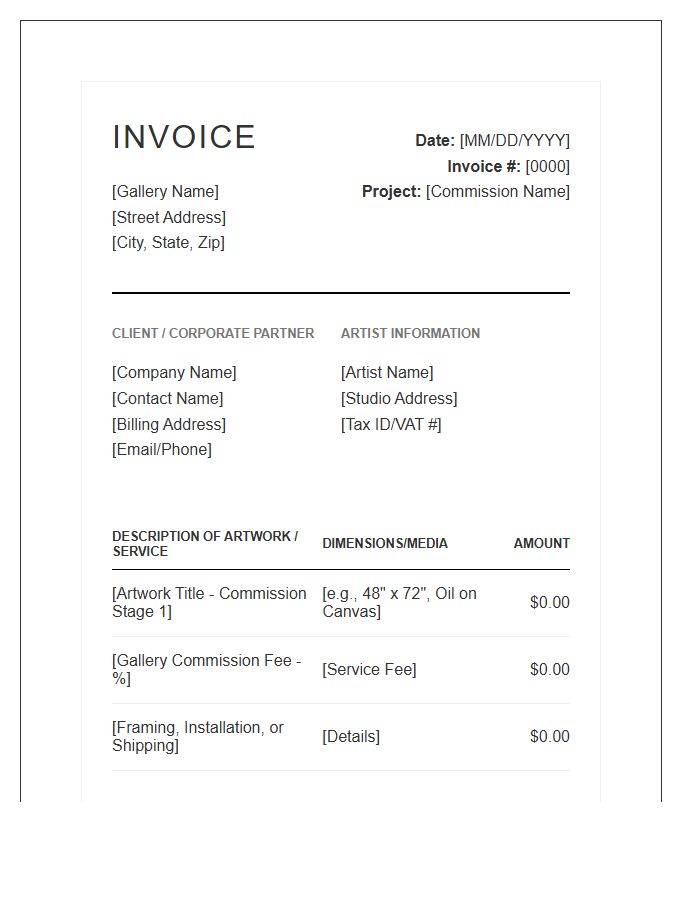 Corporate Art Gallery Commission Invoice Template