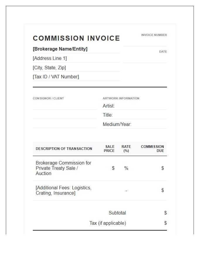 Fine Art Brokerage Commission Invoice Template