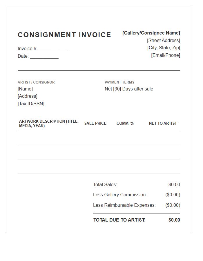 Fine Art Consignment Commission Invoice Template