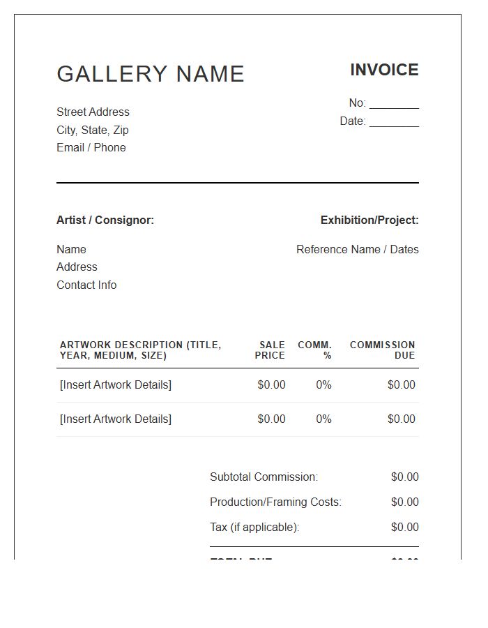 Fine Art Gallery Commission Invoice Template