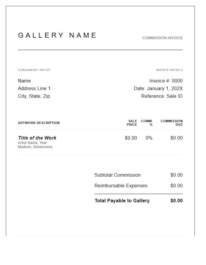 High End Gallery Commission Invoice Template