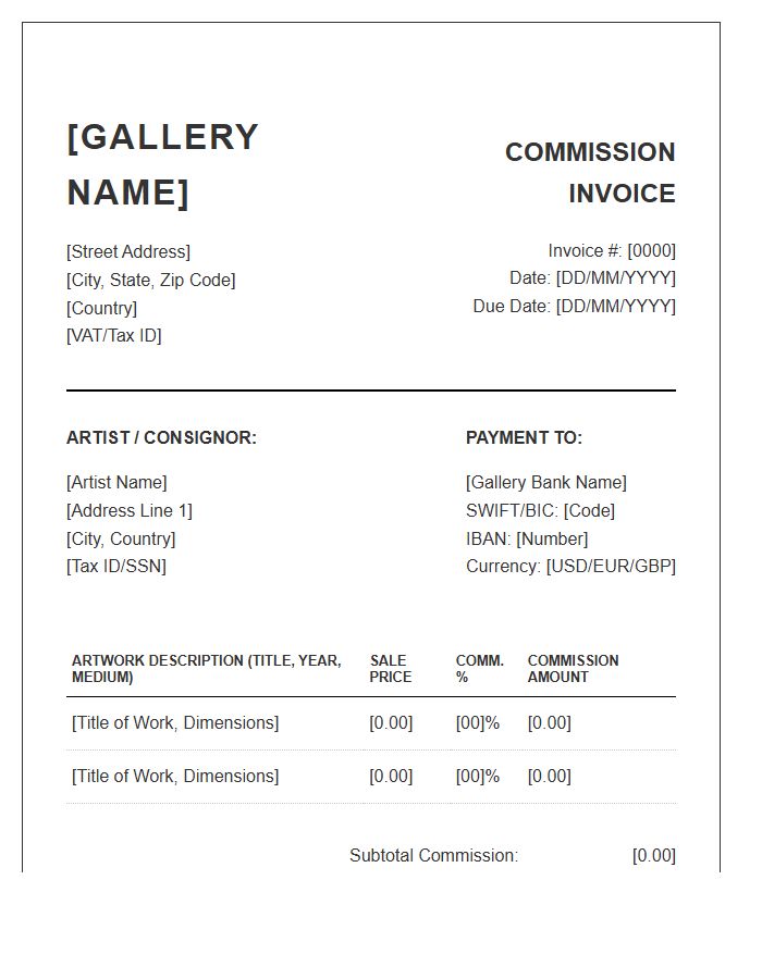 International Art Gallery Commission Invoice Template