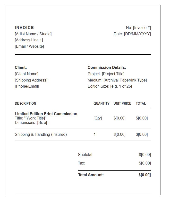 Limited Edition Print Commission Invoice Template