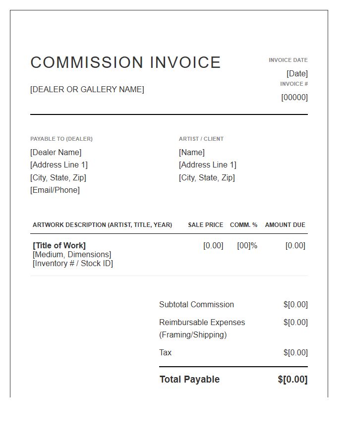 Modern Art Dealer Commission Invoice Template