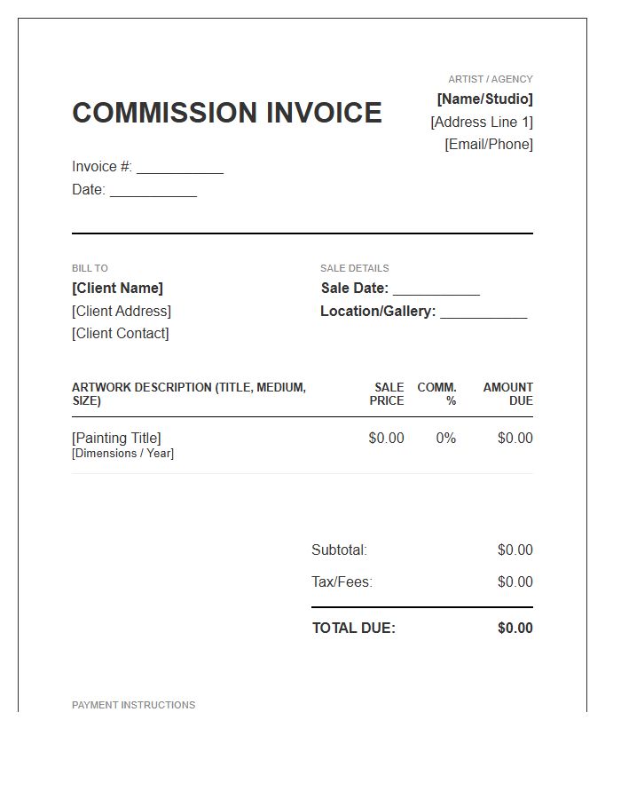 Original Painting Sales Commission Invoice Template
