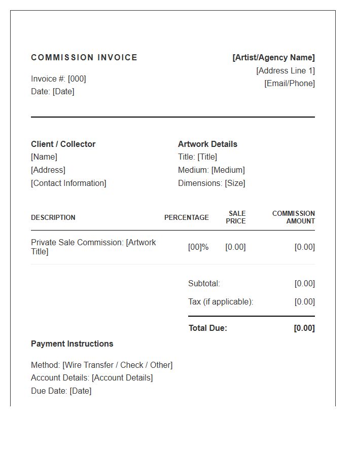 Private Art Sale Commission Invoice Template