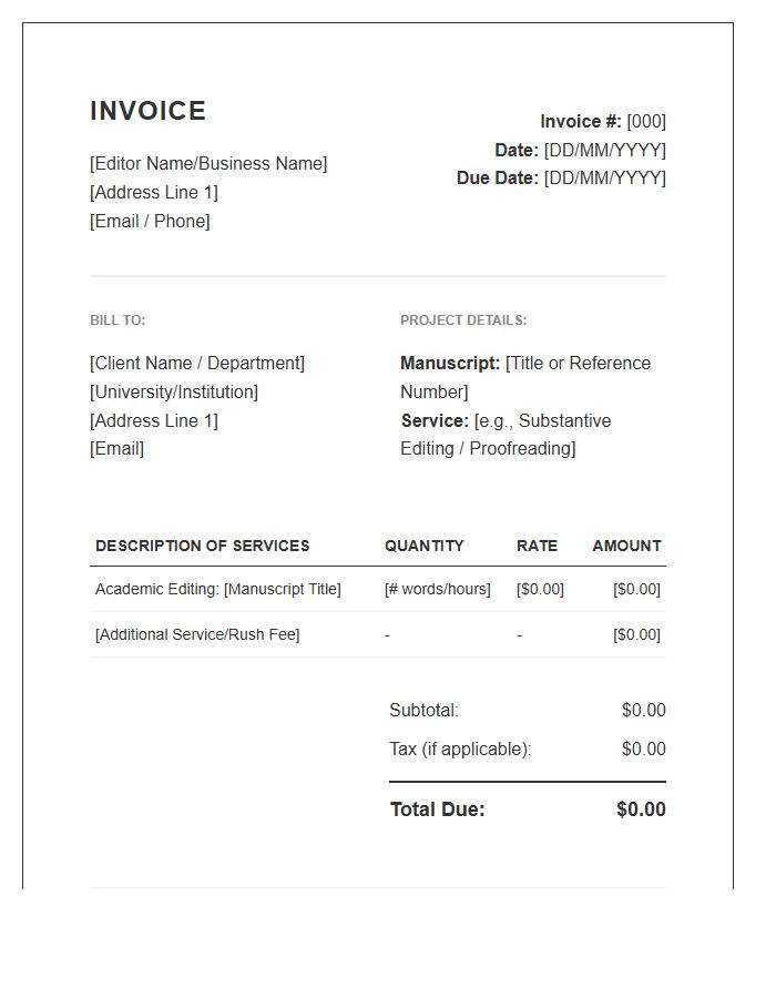 Academic Editor Professional Invoice Template