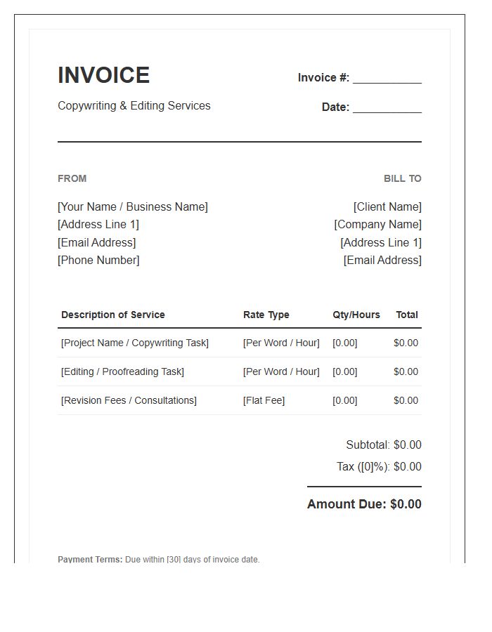 Copywriter And Editor Service Invoice Template