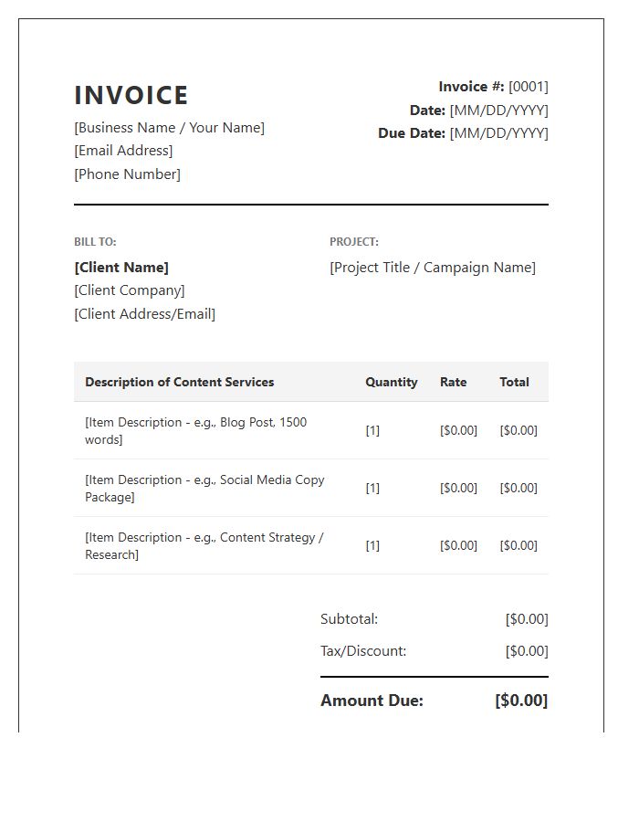 Creative Content Writing Invoice Template