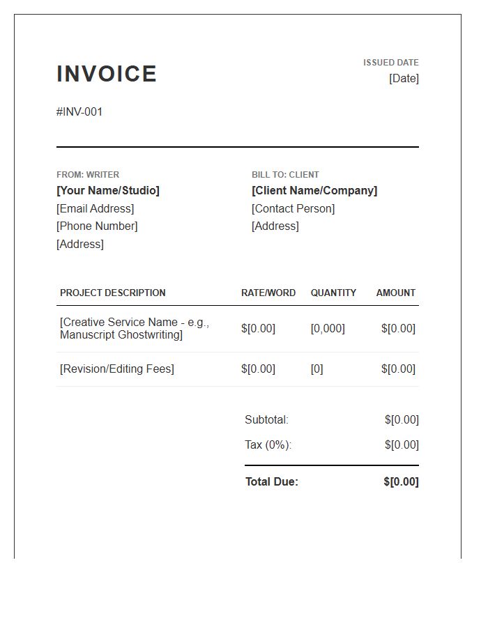 Creative Writing Services Invoice Template
