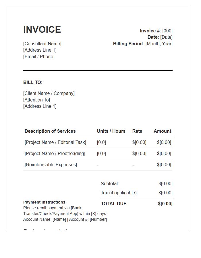 Editorial Consultant Monthly Invoice Template
