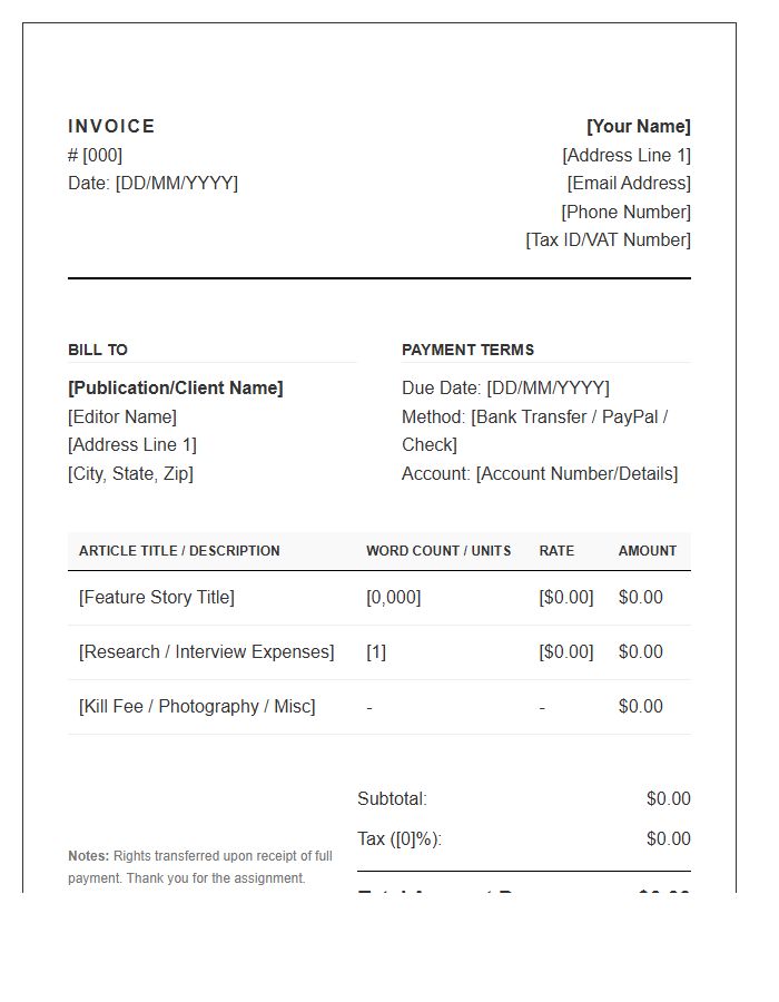 Freelance Journalist Billing Invoice Template