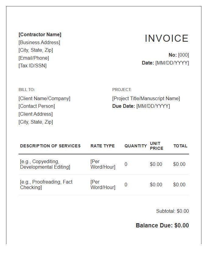Independent Contractor Editorial Invoice Template