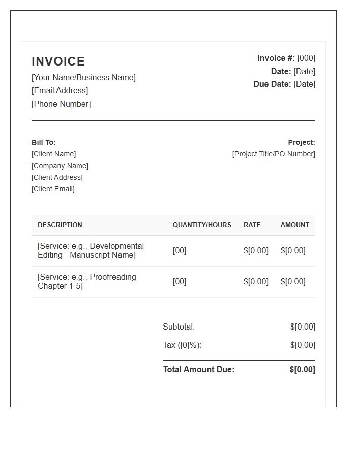 Professional Editorial Freelance Writing Invoice Template