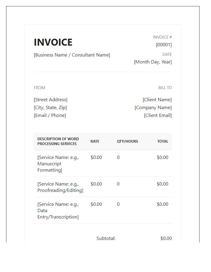 Professional Word Processing Invoice Template