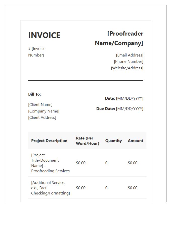 Proofreader Service Fee Invoice Template