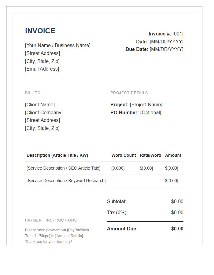 SEO Content Writer Invoice Template