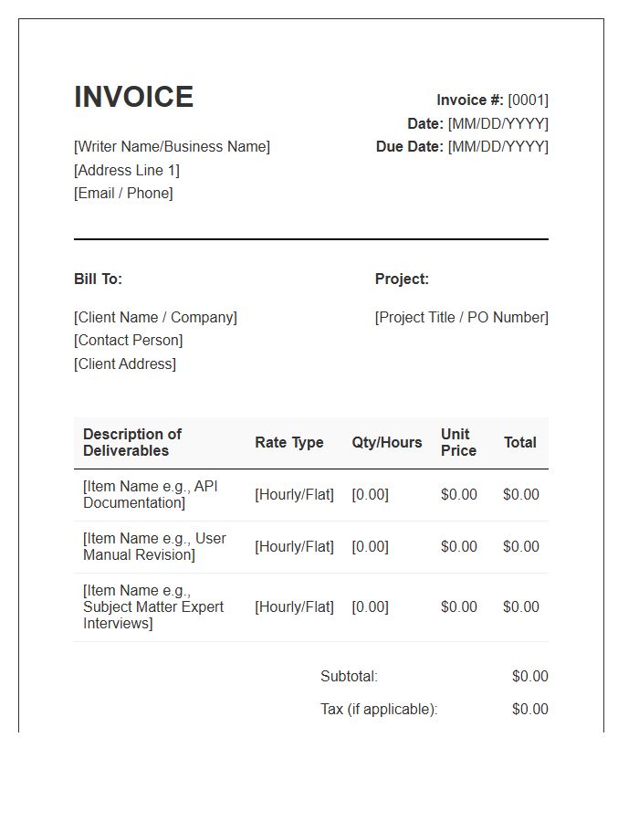 Technical Writer Project Invoice Template