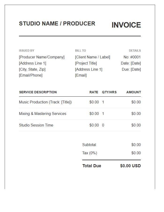 High Quality Music Producer Invoice Template