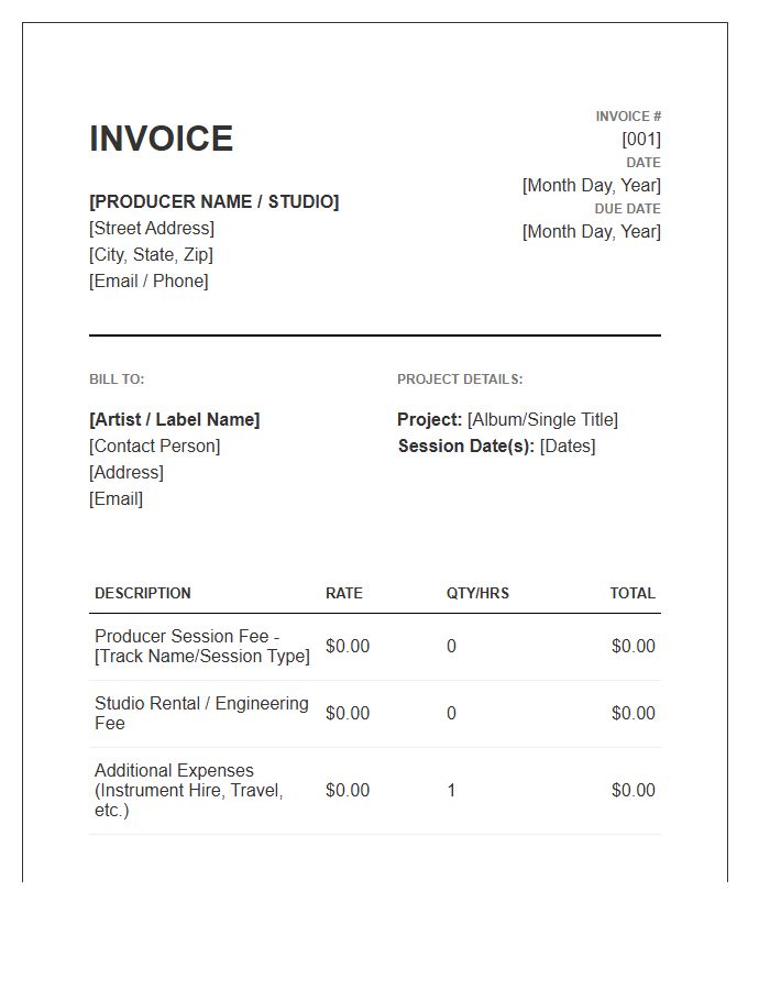 Independent Music Producer Session Fee Invoice Template