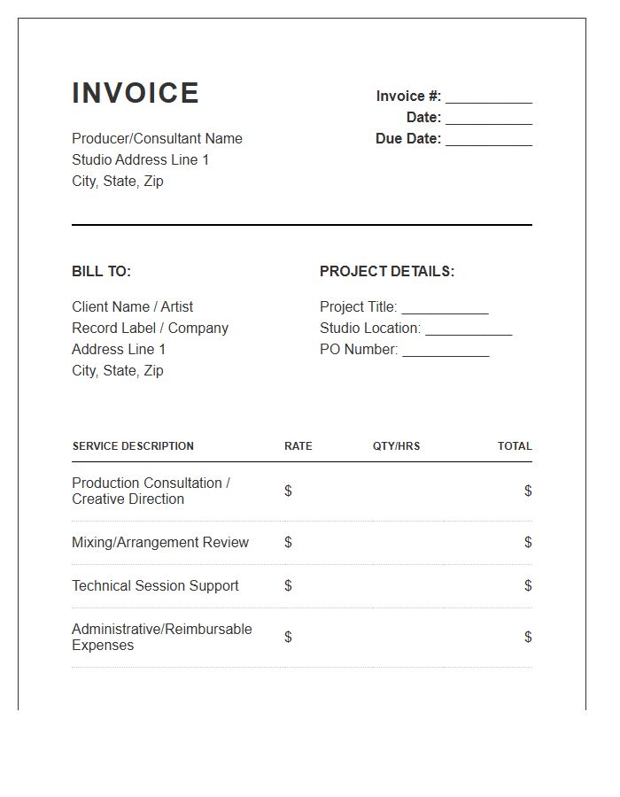 Music Producer Consultant Fee Invoice Template